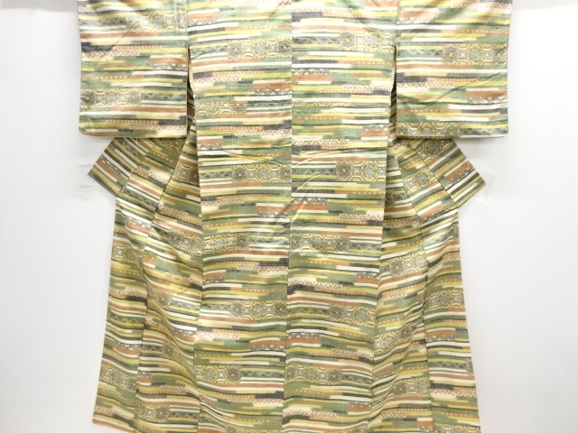 JAPANESE KIMONO / ANTIQUE KIMONO / SILK / FUSHI TSUMUGI / WOVEN STRIPE & ABSTRACT